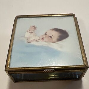 Vintage Blue Glass With Gold Trim Jewelry Trinket Box- Baby pictured on Top